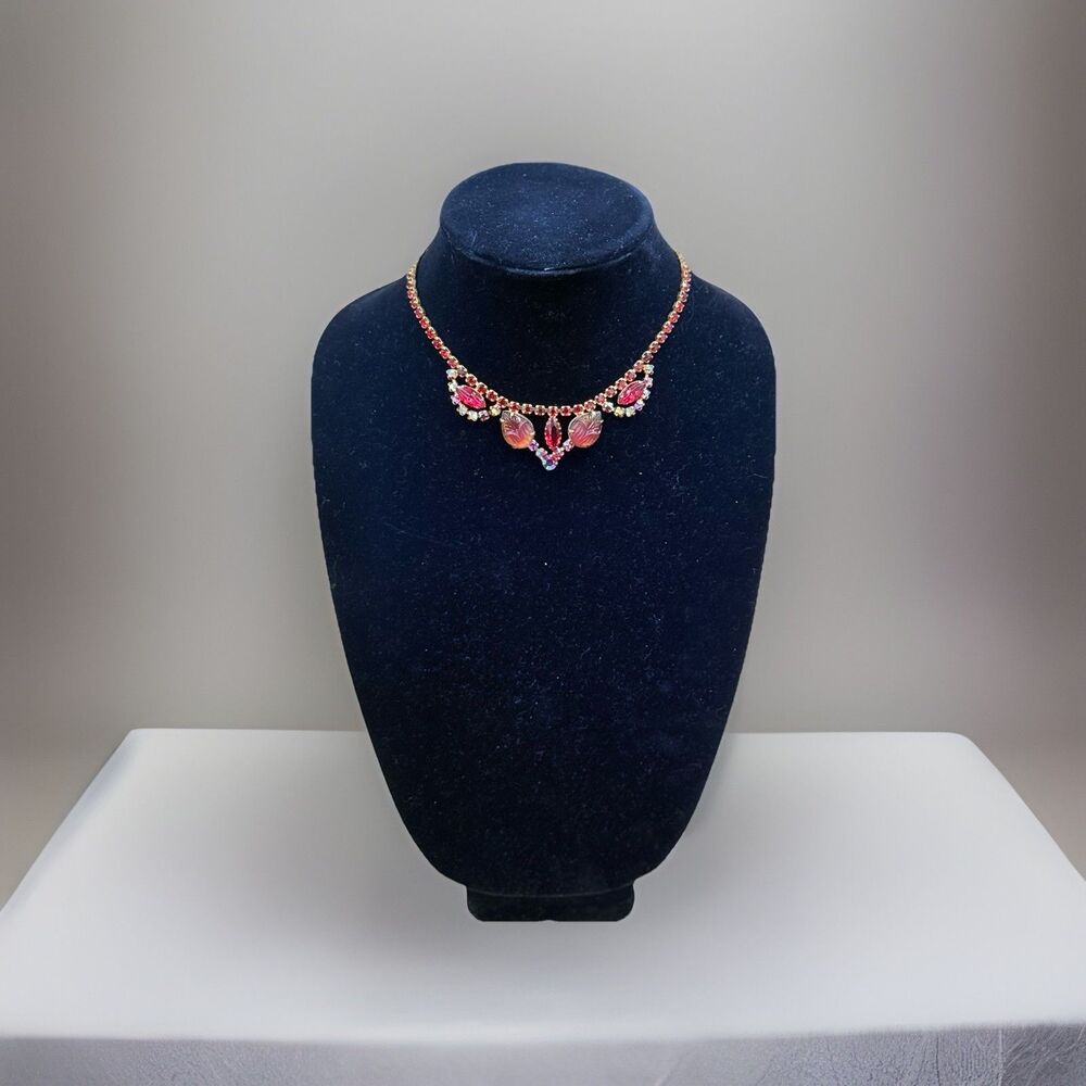 Vintage Red Rhinestone Necklace Mid-Century Molded Glass Choker Aurora Borealis